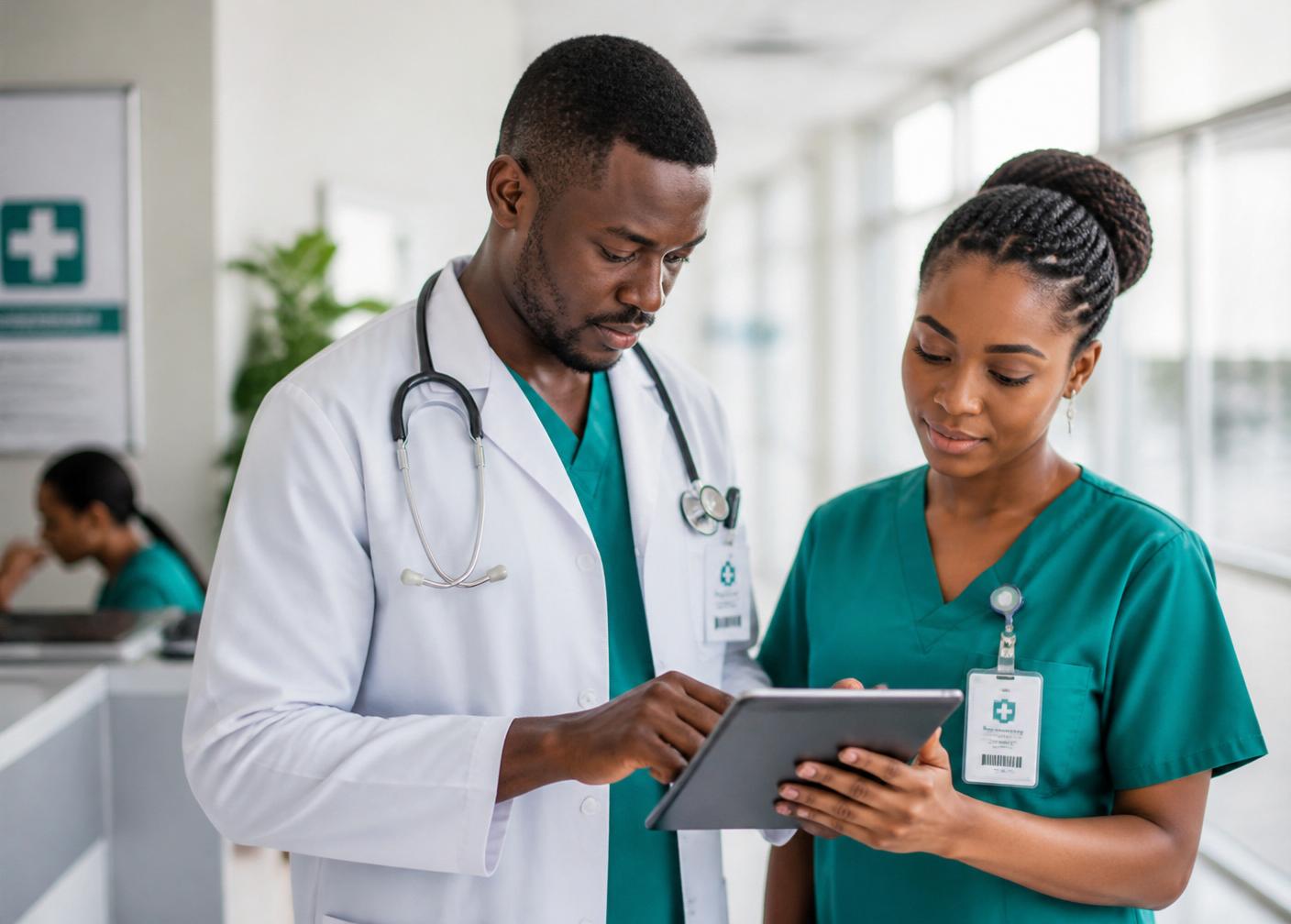 Équipe soignante consultant un dossier patient numérique sur tablette